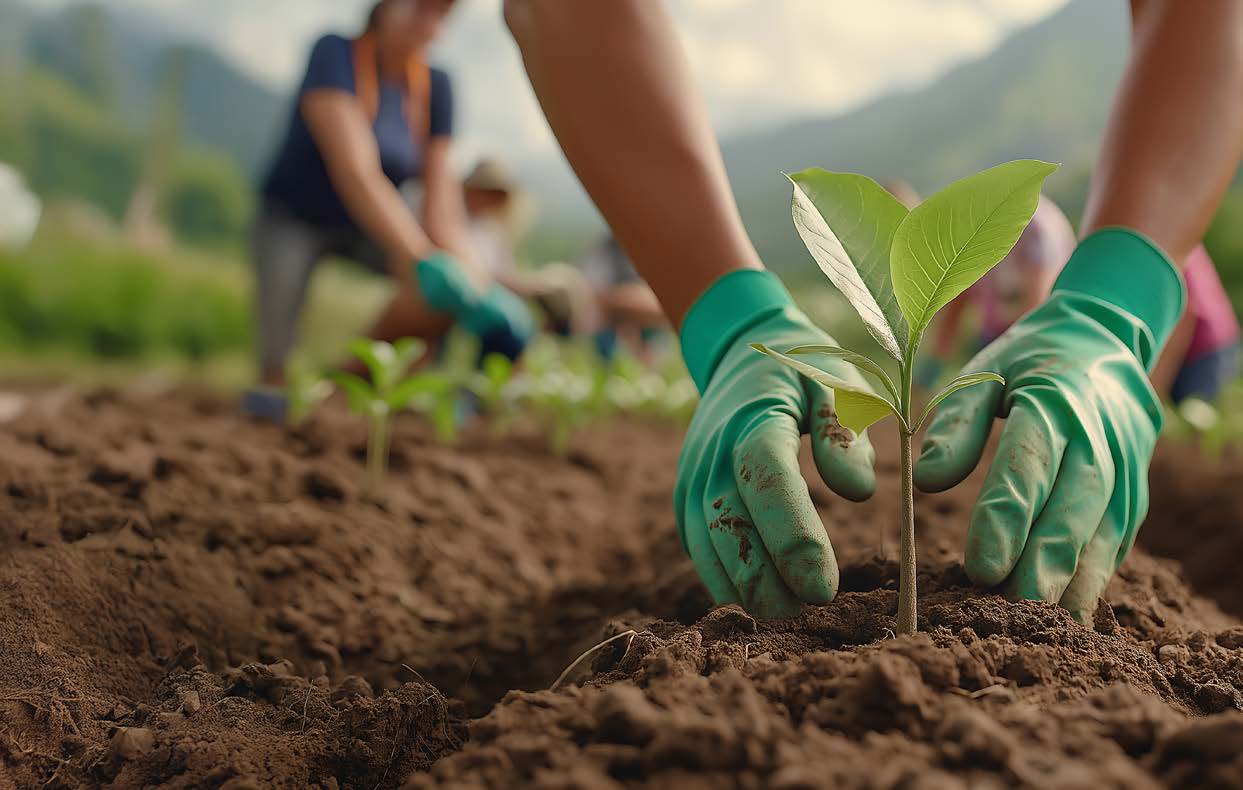 Manos con guantes plantan una planta joven en la tierra, como gesto de cuidado del futuro.